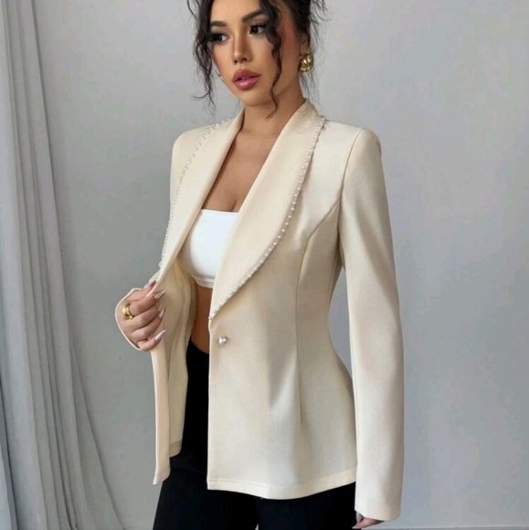 Women Elegant Commuting Pearl Embellished Lapel Long Sleeve Blazer - Picture 3 of 4